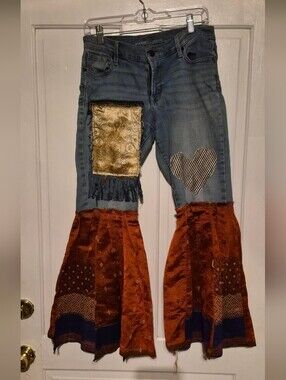 SCRAPPY PANTS--Old Navy Denim Jeans with Gold Brocade Patch & Rust Bell Panels